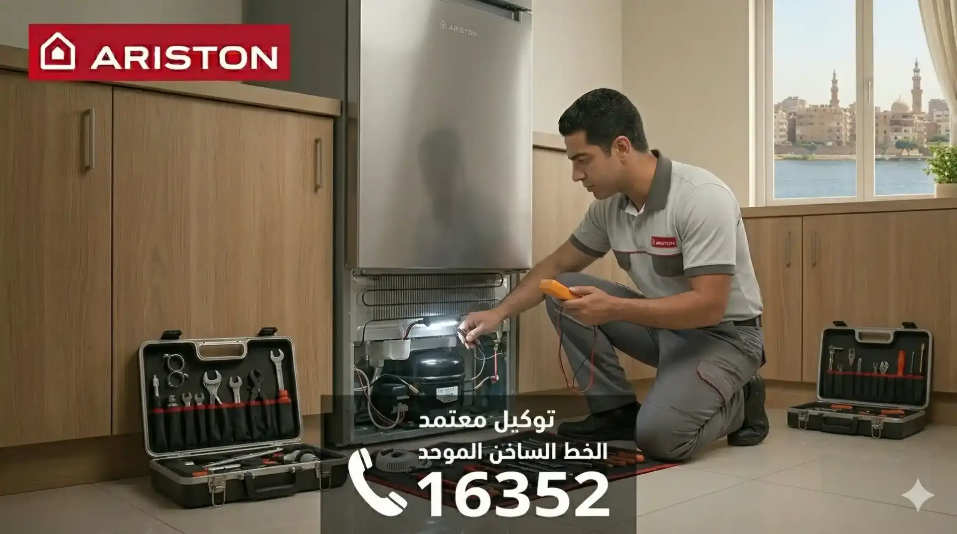 فني محترف من توكيل صيانة ثلاجات اريستون المعتمد في مصر يقوم بفحص وإصلاح ثلاجة اريستون نوفروست بالمنزل، مع ظهور رقم الخط الساخن 16352 وشعار Ariston.