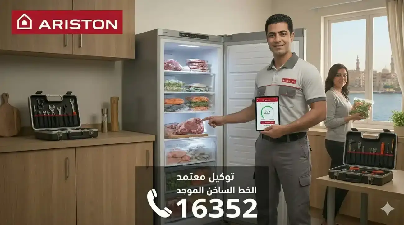 فني من توكيل صيانة ديب فريزر اريستون المعتمد في مصر يعرض درجة التجميد المثالية للعميلة بعد الإصلاح، مع رقم الخط الساخن 16352 وشعار Ariston.