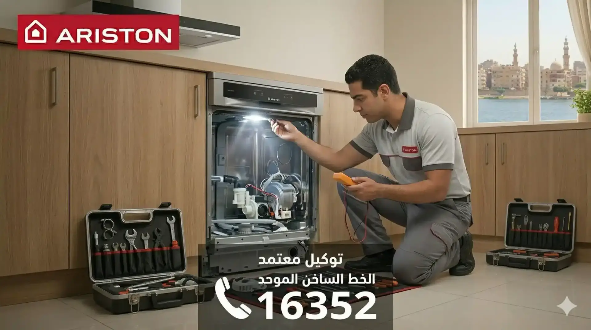 مهندس من توكيل صيانة غسالات اطباق اريستون المعتمد يقوم بفحص وإصلاح غسالة اطباق اريستون بالمنزل، مع توضيح رقم الخط الساخن 16352 وشعار Ariston.