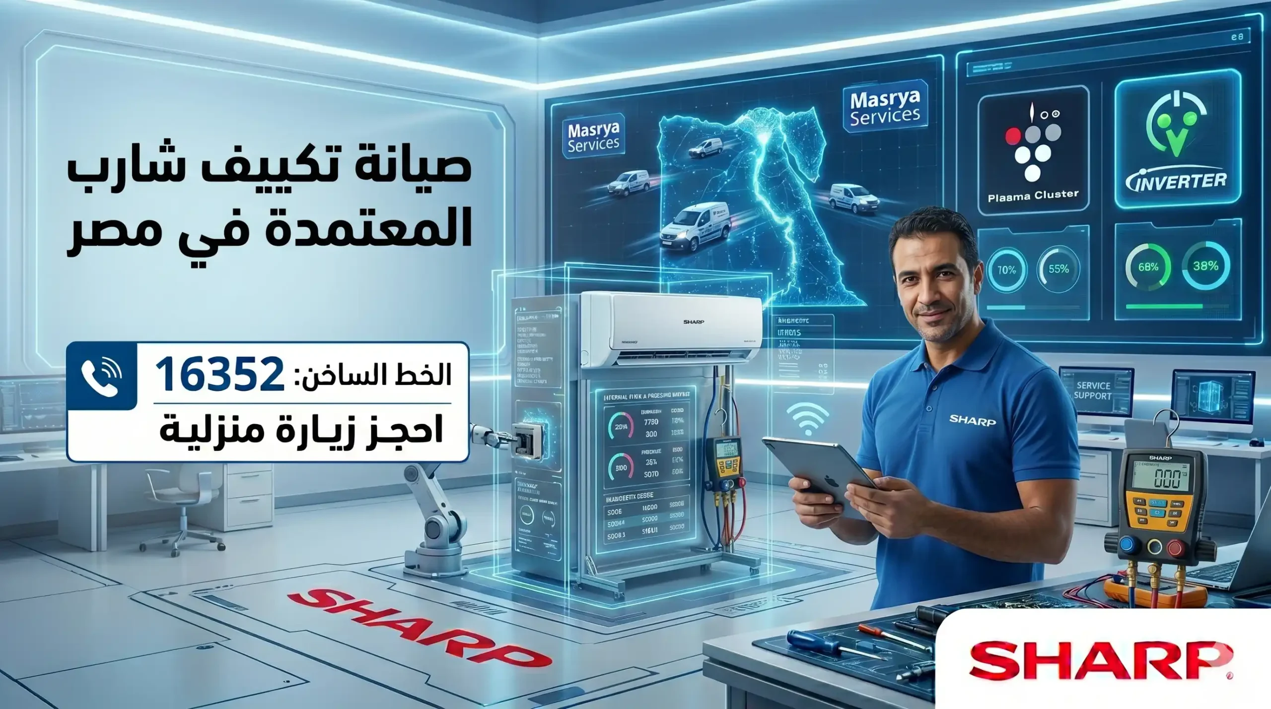 فني مكيفات شارب مبتسم يحمل جهازًا لوحيًا ويشير إلى وحدة مكيف شارب سمارت مفتوحة جزئيًا في مركز دعم فني متقدم في مصر. لافتة عربية في الزاوية العلوية اليسرى تعلن عن "صيانة تكييف شارب المعتمدة في مصر" ورقم الخط الساخن 16352. رموز Plasma Cluster و Inverter في الخلفية. شعار Sharp كبير في الأسفل.