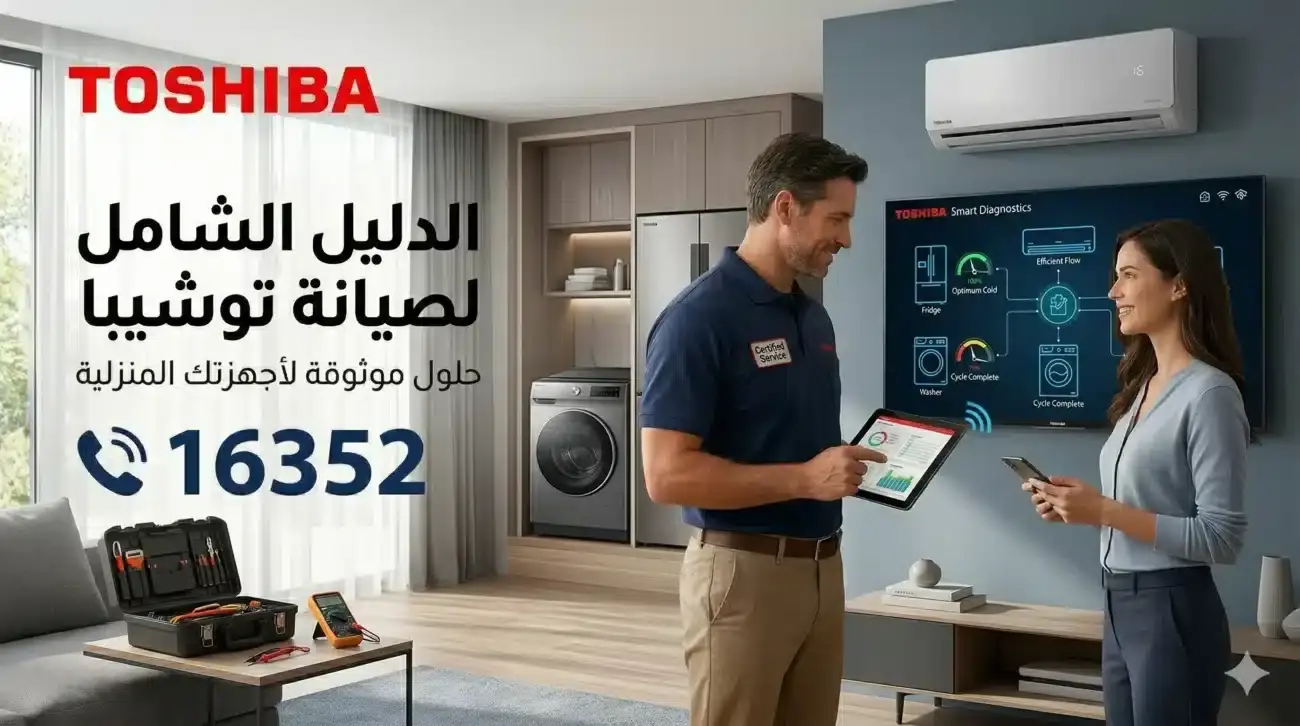 فني صيانة محترف يشرح لعميلة تقارير فحص وإصلاح أجهزة توشيبا المنزلية (ثلاجة، غسالة، شاشة، تكييف) داخل المنزل، مع ظهور لوجو توشيبا ورقم الخط الساخن للصيانة 16352.