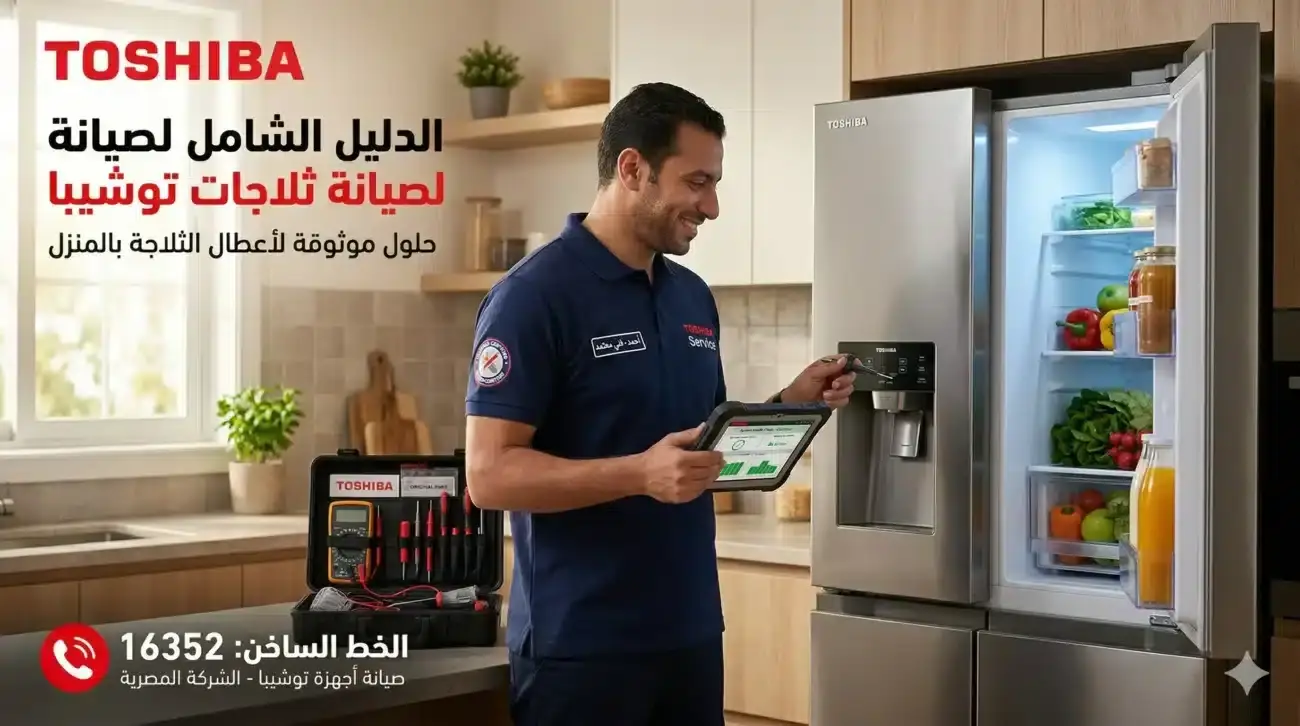 صورة إعلانية تعرض فني صيانة يبتسم في مطبخ حديث، يرتدي قميص بولو أزرق داكن عليه شعارات توشيبا ورقعة دائرية، ويمسك بجهاز تابلت يعرض بيانات تشخيصية. يقف بجانب ثلاجة توشيبا كبيرة مفتوحة من الفولاذ المقاوم للصدأ (ستانلس ستيل) متعددة الأبواب، وممتلئة بالأطعمة الطازجة والخضروات والمشروبات. على طاولة خشبية قريبة، توجد صندوق أدوات مفتوح ومنظم يحتوي على أدوات إصلاح مختلفة مثل أجهزة قياس متعددة ومفكات. تحتوي الصورة على نص عربي بارز في الجزء العلوي الأيسر: "TOSHIBA الدليل الشامل لصيانة لصيانة ثلاجات توشيبا" و "حلول موثوقة لأعطال الثلاجة بالمنزل". في الجزء السفلي الأيسر، يظهر رقم الخط الساخن "16352" مع رمز هاتف، ومكتوب تحته "الخط الساخن: 16352" و "صيانة أجهزة توشيبا - الشركة المصرية".