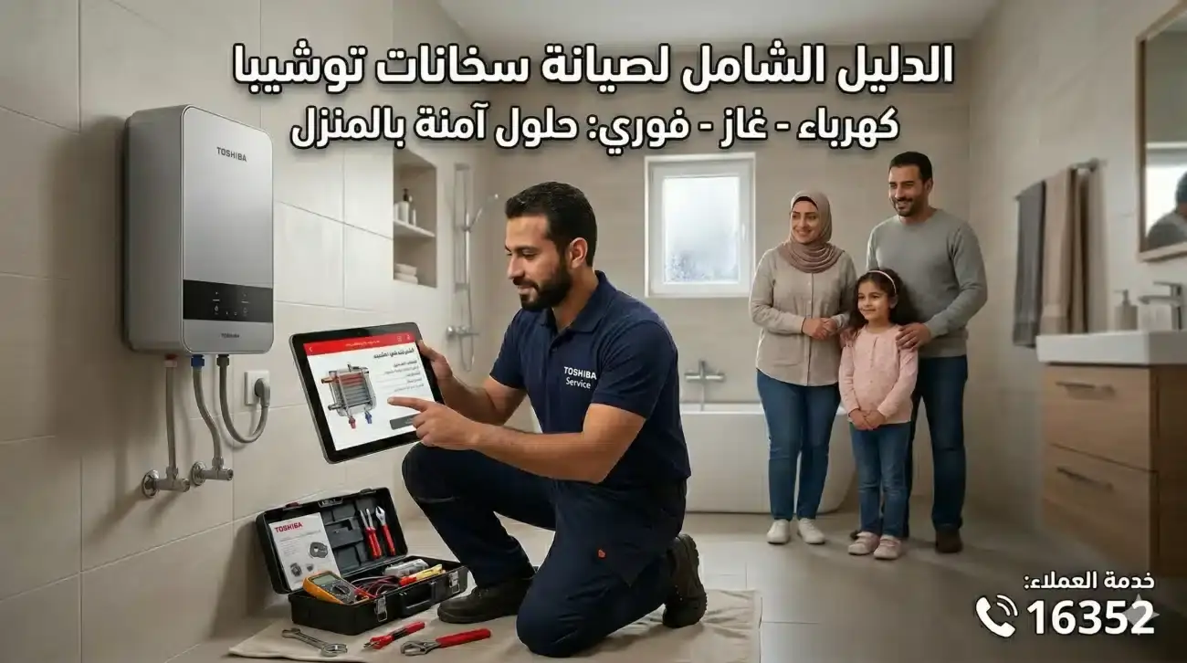 صورة لفني صيانة معتمد يفحص سخان توشيبا باستخدام تابلت ذكي داخل حمام حديث، مع عائلة مصرية مبتسمة ورقم الخط الساخن لصيانة سخانات توشيبا 16352.
