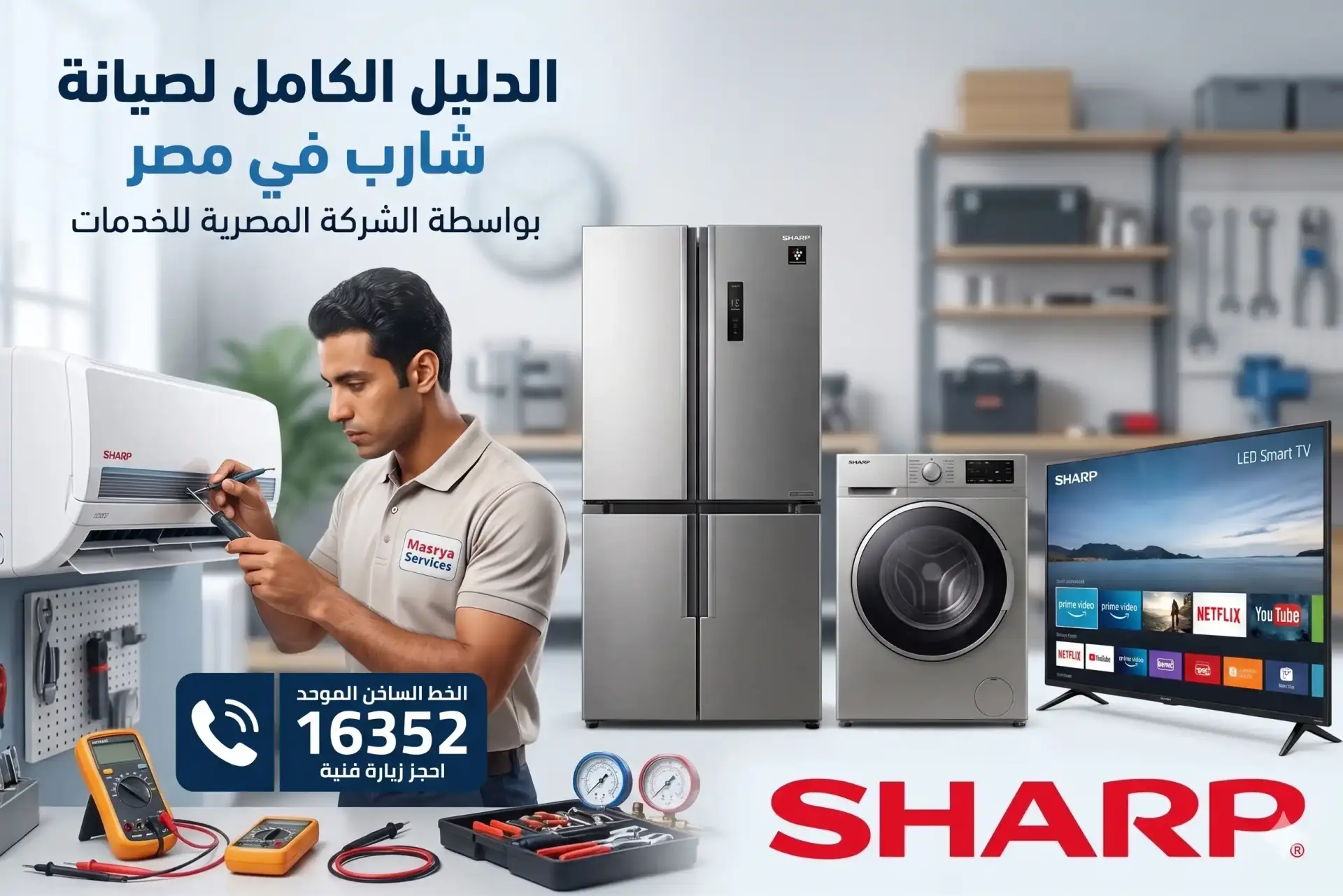 مهندس متخصص يقدم خدمات صيانة شارب المنزلية المعتمدة لغسالة أطباق داخل مطبخ، مع ظهور شعار شارب الرسمي ورقم الخط الساخن 16352.