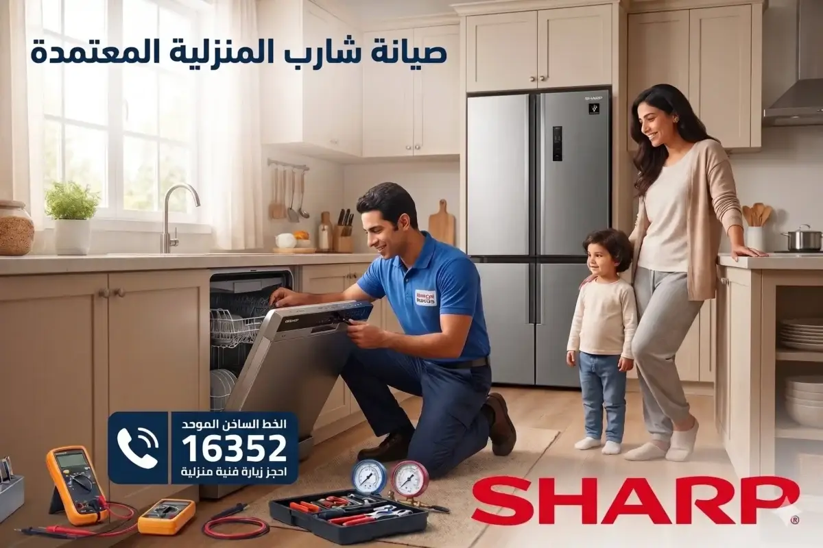 مهندس متخصص يقدم خدمات صيانة شارب المنزلية المعتمدة لغسالة أطباق داخل مطبخ، مع ظهور شعار شارب الرسمي ورقم الخط الساخن 16352.