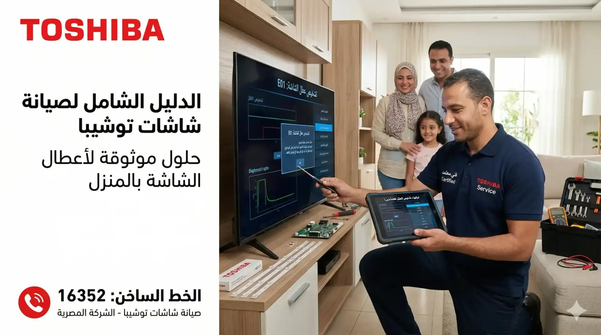 صورة إعلانية توضح فني صيانة معتمد يقوم بتصليح شاشة توشيبا سمارت بالمنزل باستخدام أجهزة تشخيص حديثة، مع ظهور عائلة سعيدة بالخدمة، متضمنة رقم صيانة شاشات توشيبا 16352.
